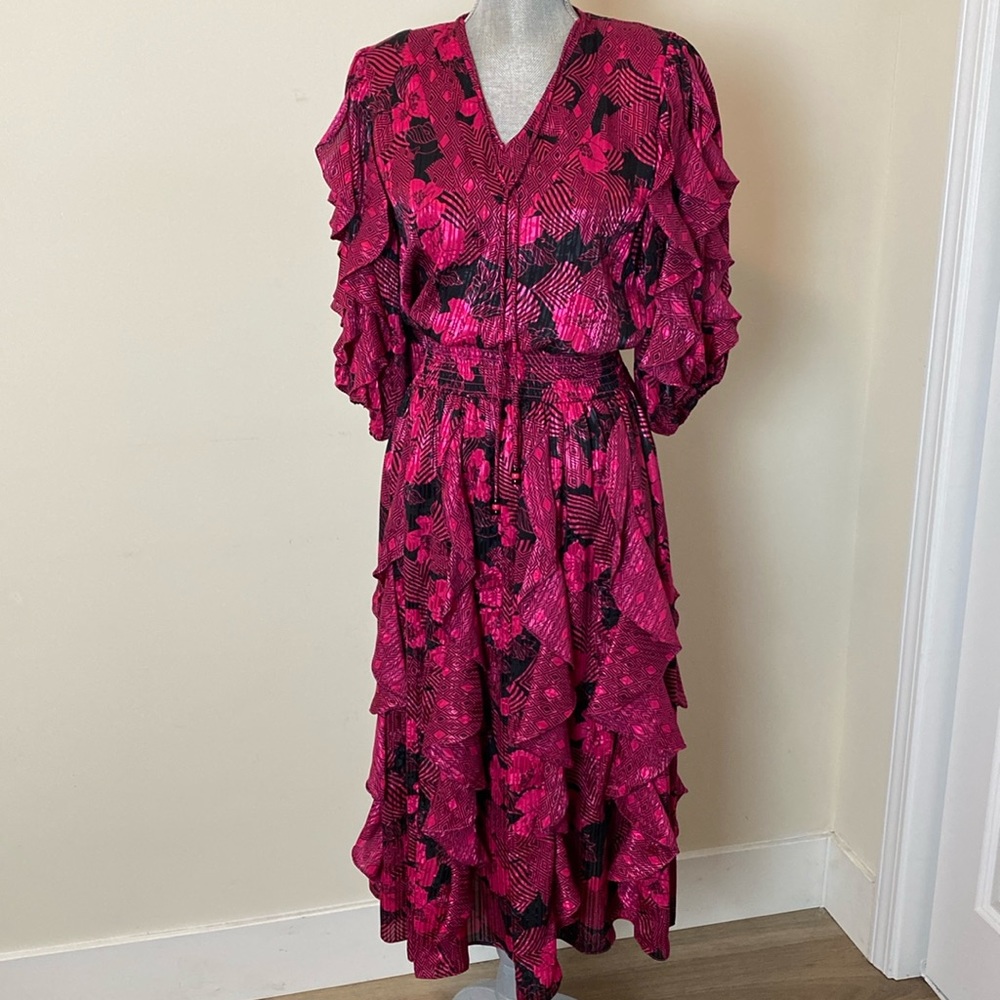 Vintage Fuchsia and Black Ruffle Maxi Dress